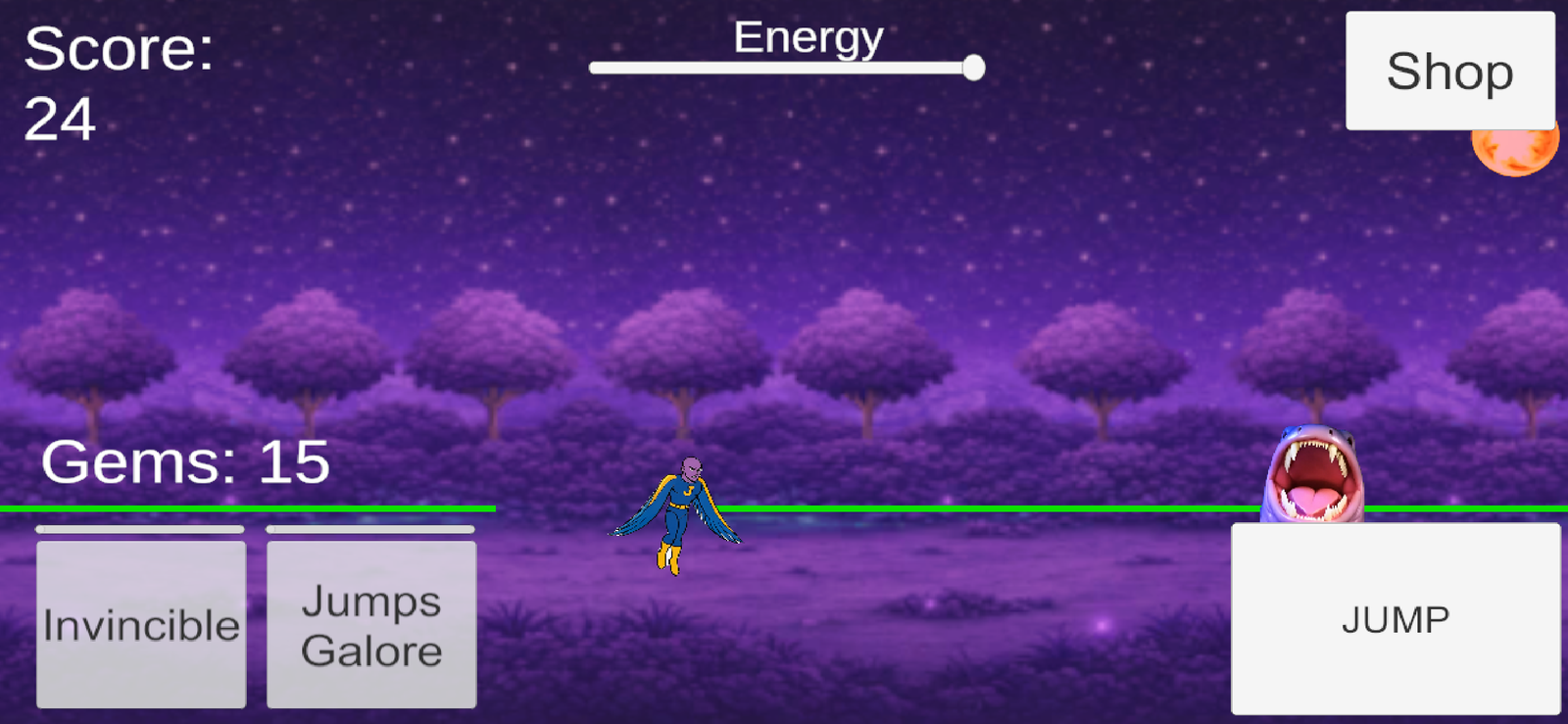 Gameplay screenshot: flying over the trail, score 24