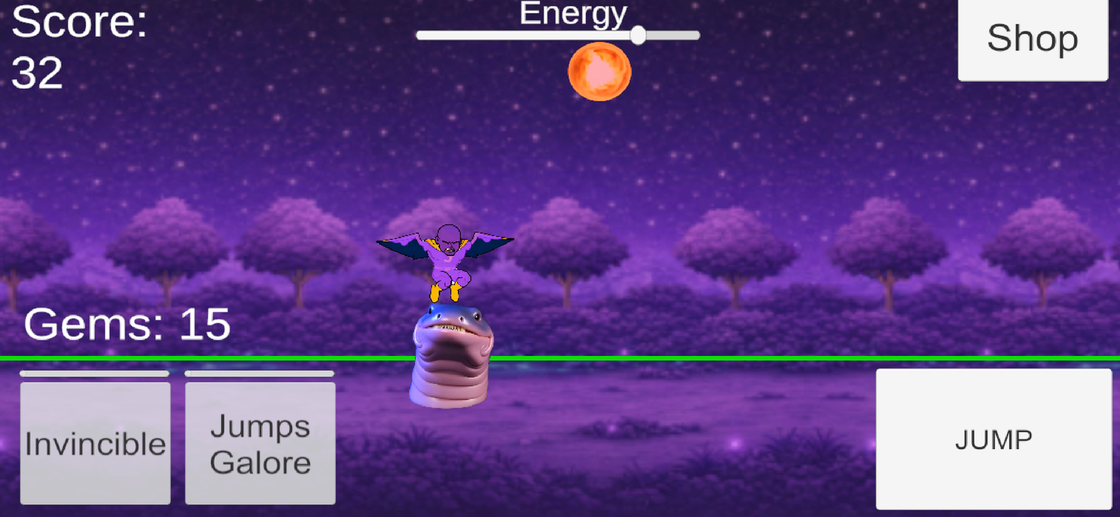 Gameplay screenshot: soaring above the Ground Monster