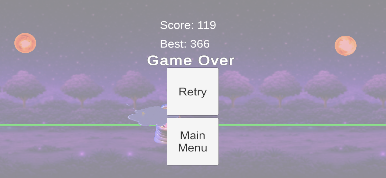 Gameplay screenshot: Game Over screen showing score and best